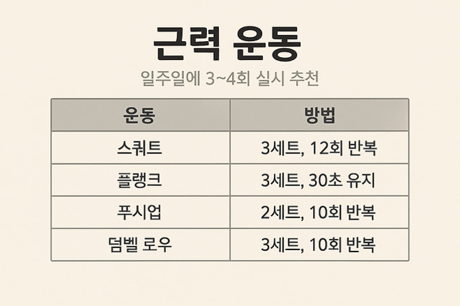 근력 운동을 일주일에 3~4회 실시할 것을 추천하며, 스쿼트(3세트 12회 반복), 플랭크(3세트 30초 유지), 푸시업(2세트 10회 반복), 덤벨 로우(3세트 10회 반복) 방법이 표로 정리된 이미지