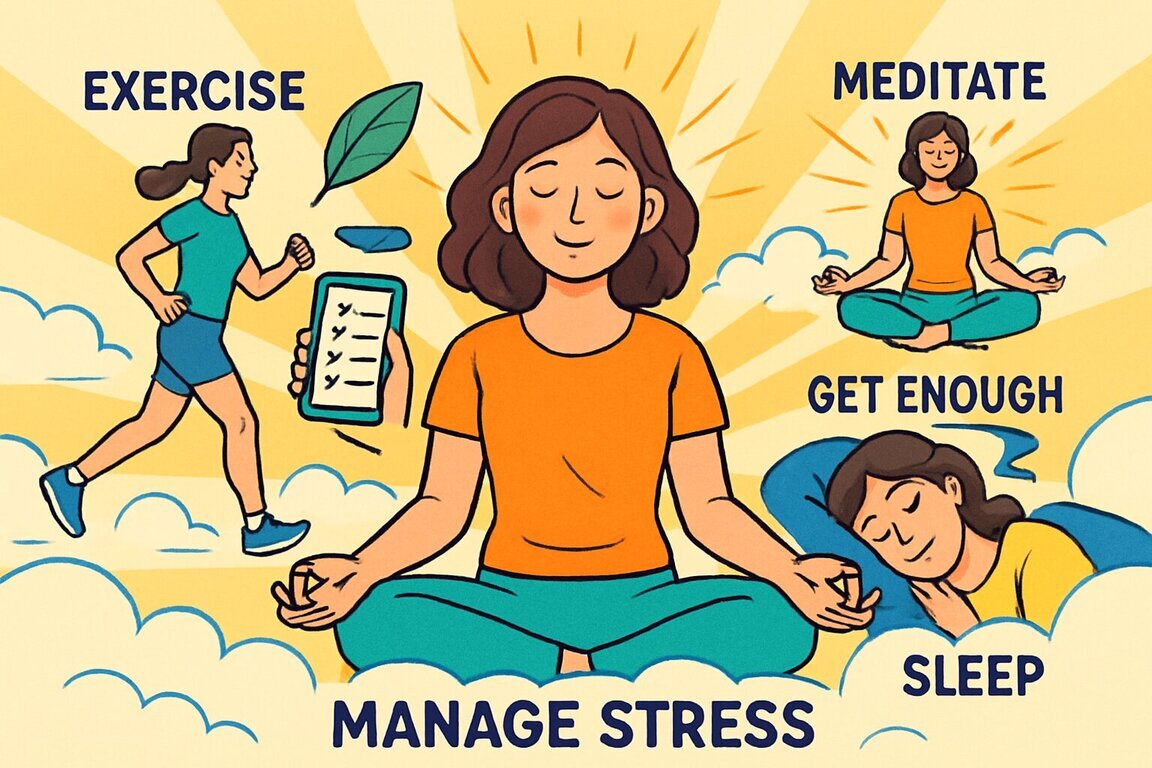 한 여성이 명상 자세로 앉아 있고, 주변에는 운동하는 사람, 명상하는 사람, 잠자는 사람이 각각 그려져 있다. 각각 EXERCISE(운동), MEDITATE(명상), GET ENOUGH SLEEP(충분한 수면)이라는 문구가 있으며, 중앙에 MANAGE STRESS(스트레스 관리)라는 글자가 있다.