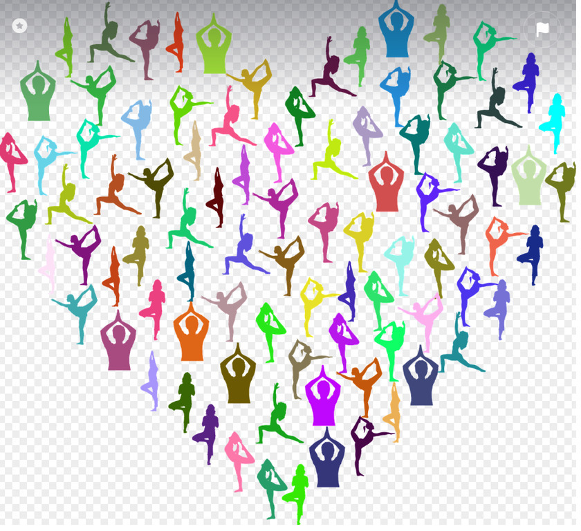 다양한 색상의 요가 자세 실루엣들이 하트 모양으로 배열된 이미지