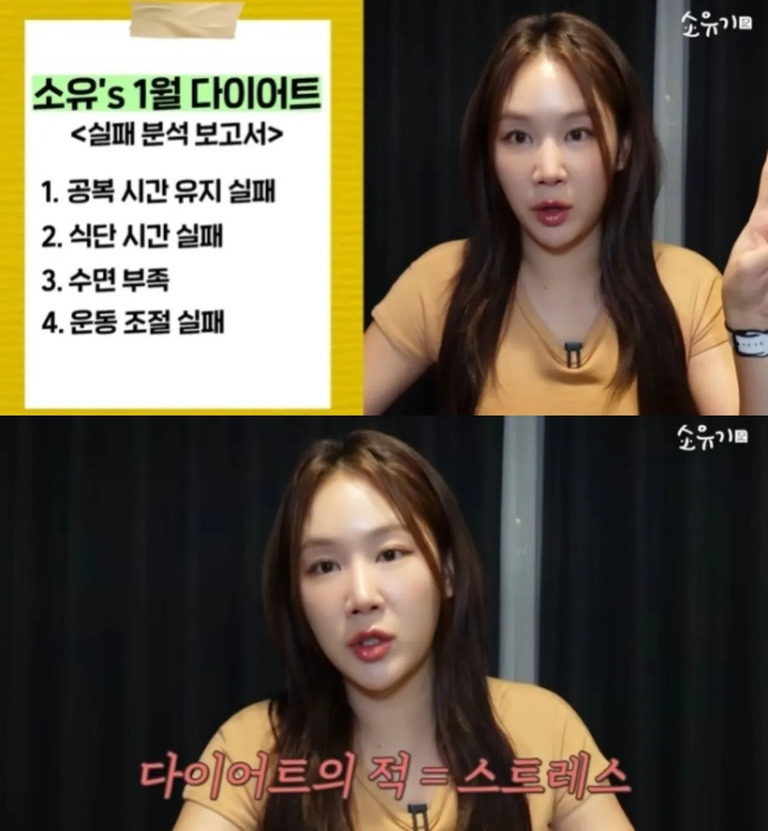 위에는 '소유's 1월 다이어트 실패 분석 보고서'라는 제목과 함께 공복 시간 유지 실패, 식단 시간 실패, 수면 부족, 운동 조절 실패라는 목록이 적혀 있고, 아래는 노란색 상의를 입은 여성이 '다이어트의 적 = 스트레스'라고 말하는 장면이다.