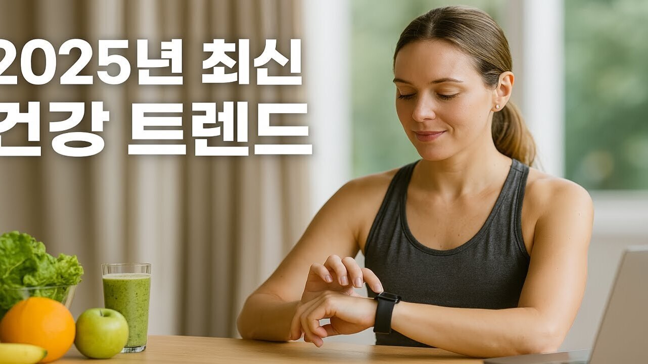 운동복을 입은 여성이 스마트워치를 보며 미소 짓고 있고, 테이블 위에는 녹색 주스와 과일, 채소가 놓여 있으며, 왼쪽 상단에 '2025년 최신 건강 트렌드'라는 문구가 적혀 있다.