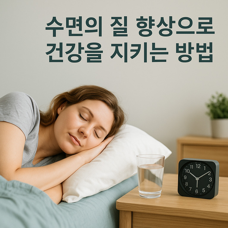 침대에 누워 평화롭게 자고 있는 여성과, 침대 옆 탁자 위의 유리컵과 시계. 상단에는 '수면의 질 향상으로 건강을 지키는 방법'이라는 문구가 있다.