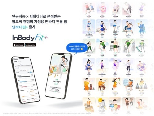 인바디 전용 앱 'InBodyFit '를 소개하는 광고 이미지로, 두 개의 스마트폰 화면에 앱 인터페이스가 보이고, 오른쪽에는 다양한 운동 동작을 하는 캐릭터 일러스트와 각 동작의 이름이 배열되어 있다. 상단에는 인공지능과 빅데이터 분석을 강조하는 문구가 있다.