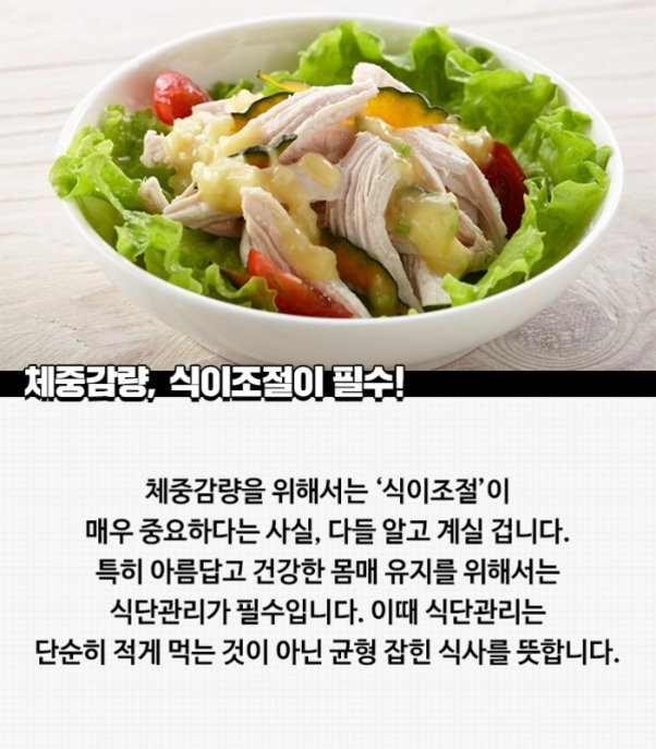 닭가슴살과 신선한 채소, 드레싱이 올려진 샐러드가 담긴 그릇과 '체중감량, 식이조절이 필수!'라는 문구, 그리고 식단관리에 대한 설명문이 함께 있는 이미지