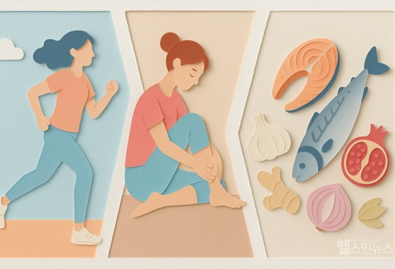 왼쪽에는 조깅하는 여성, 중앙에는 발을 잡고 앉아있는 여성, 오른쪽에는 생선, 연어, 마늘, 석류 등 다양한 건강 식품이 그려진 일러스트