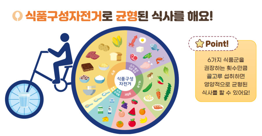 식품구성자전거를 통해 균형 잡힌 식사를 권장하는 이미지. 자전거 바퀴는 6가지 식품군(곡류, 고기·생선·달걀·콩류, 채소류, 과일류, 우유 및 유제품류, 유지 및 당류)으로 나누어져 있고, 한 쪽 바퀴에는 물이 그려져 있다. 오른쪽에는 '6가지 식품군을 골고루 섭취하면 영양적으로 균형된 식사를 할 수 있다'는 설명이 있다.