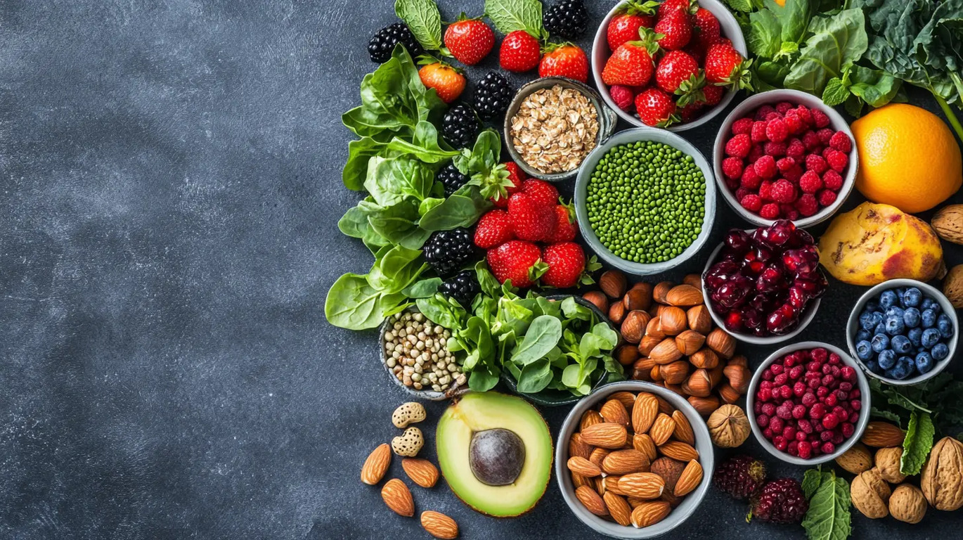 다양한 견과류, 베리류, 잎채소, 아보카도, 오트밀, 오렌지 등 신선한 과일과 채소가 검은색 배경 위에 가지런히 놓여 있다.