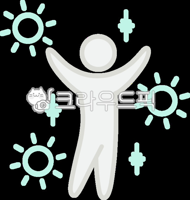 팔을 벌리고 서 있는 사람 모양의 그림과 주위에 여러 개의 빛이나 태양 모양 아이콘이 배치된 일러스트