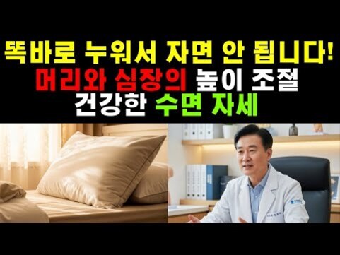 침대 위에 베개가 놓여 있고, 하얀 의사의 가운을 입은 남성이 책상에 앉아 설명하는 모습. 상단에는 '똑바로 누워서 자면 안 됩니다! 머리와 심장의 높이 조절 건강한 수면 자세'라는 문구가 강조되어 있음.