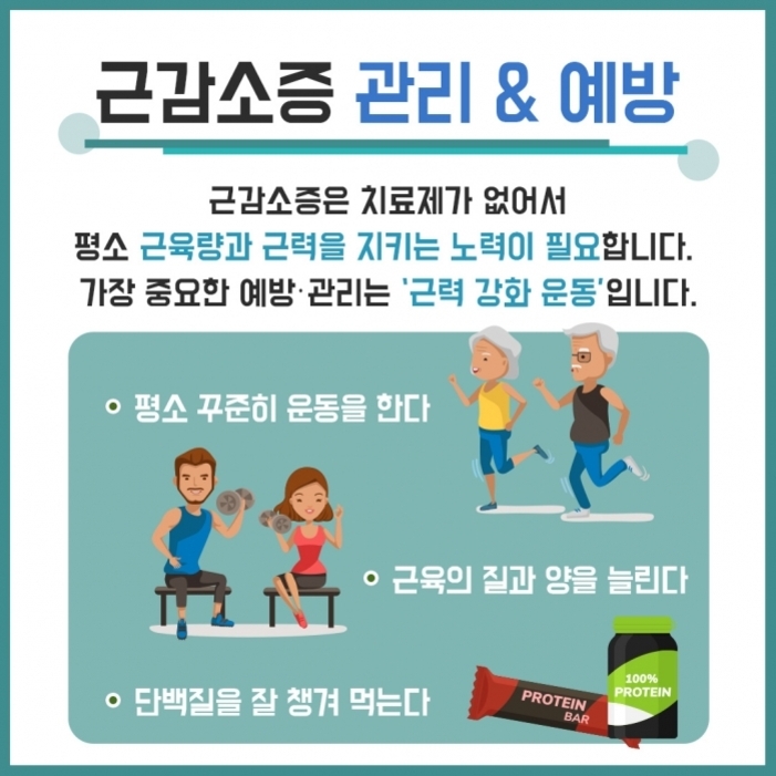 근감소증 관리와 예방에 대한 안내 이미지. 근육량과 근력을 지키기 위한 노력이 필요하며, 예방 및 관리를 위해 근력 강화 운동이 중요하다고 설명한다. 평소 꾸준한 운동, 근육의 질과 양 증가, 단백질 섭취가 강조된다. 남녀 캐릭터가 운동하고 있고 단백질 바와 단백질 보충제 그림이 있다.