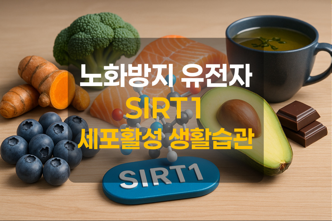 브로콜리, 아보카도, 블루베리, 연어, 강황, 다크초콜릿, 녹차 등 건강식품과 SIRT1이라는 단어가 적힌 알약 모형이 나무 테이블 위에 놓여 있고, 중앙에는 '노화방지 유전자 SIRT1 세포활성 생활습관'이라는 문구가 쓰여 있다.