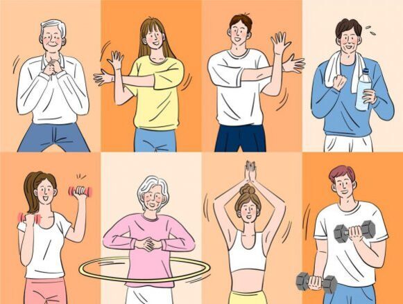 여덟 명의 남녀가 다양한 운동을 하고 있는 일러스트. 위쪽에는 스트레칭과 간단한 동작을 하는 사람들이, 아래쪽에는 아령, 훌라후프, 요가 등 다양한 운동을 하는 모습이 그려져 있다.
