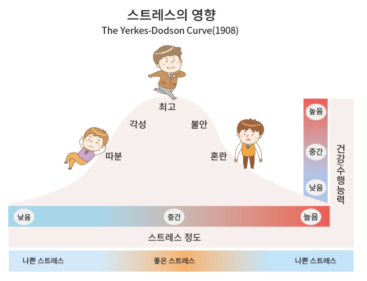 스트레스의 영향에 대한 예르크스-도드슨 곡선(1908)을 설명하는 그림. 스트레스 정도가 낮을 때는 따분함, 중간일 때는 각성 및 최고 상태, 높을 때는 불안과 혼란이 나타나며, 건강수행능력은 중간 스트레스에서 가장 높음. 나쁜 스트레스와 좋은 스트레스를 구분하여 시각적으로 표현함.