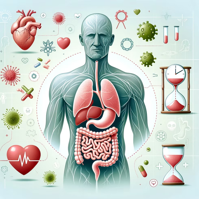 인체의 주요 장기(심장, 폐, 간, 위장 등)가 강조된 해부학적 그림과 함께 바이러스, 약, 심장박동 및 모래시계 아이콘이 배치된 건강 및 생명 주제 일러스트