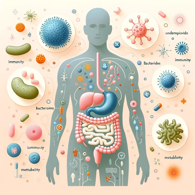 인체 내부 장기와 함께 다양한 미생물, 세균, 바이러스가 표시된 그림. 주변에는 'immunity', 'bacteromo', 'metabelity' 등 단어와 함께 면역 및 미생물 관련 아이콘과 도식이 있다.