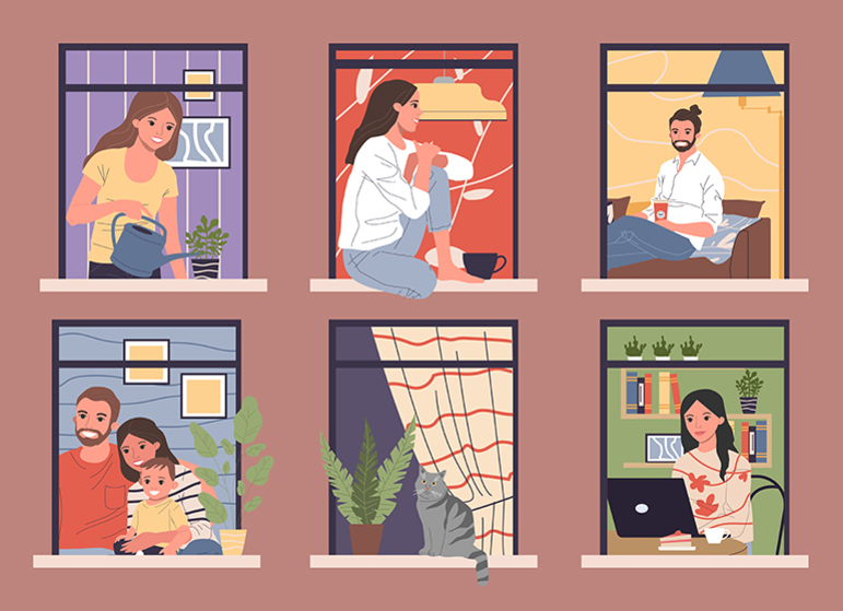 여섯 개의 창문에 다양한 활동을 하는 사람들이 보인다. 식물을 돌보는 여성, 커피를 마시며 앉아 있는 여성, 소파에 앉아 음료를 들고 있는 남성, 어린아이와 함께 있는 가족, 화분 옆에 앉은 고양이, 노트북으로 일하는 여성이 각각의 창문에 있다.