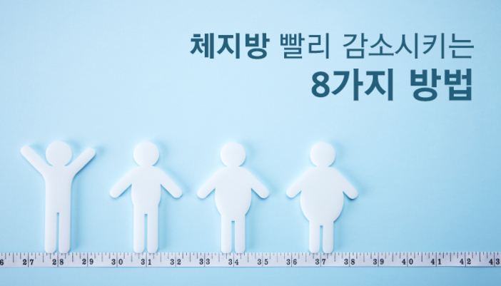 체지방이 점차 증가하는 사람 모형 네 개와 줄자, '체지방 빨리 감소시키는 8가지 방법'이라는 문구가 있는 이미지