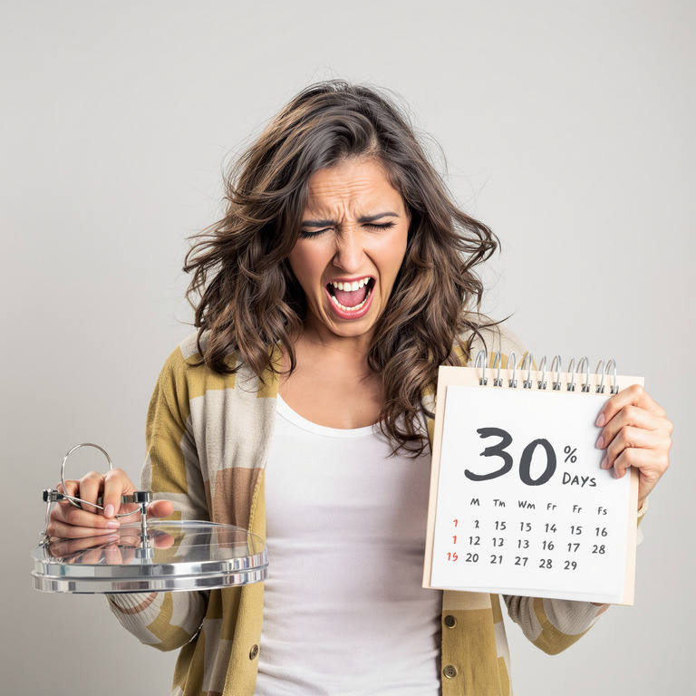 화난 표정의 여성이 한 손에 냄비 뚜껑을 들고, 다른 손에는 '30% DAYS'라고 적힌 달력을 들고 있다.