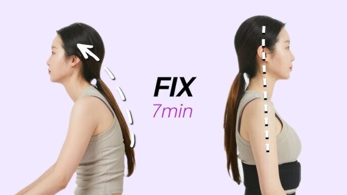 왼쪽에는 구부정한 자세로 앉아 있는 여성, 오른쪽에는 바른 자세로 앉아 있는 동일 여성의 비교 이미지. 가운데에 'FIX 7min'이라는 글자가 있음.