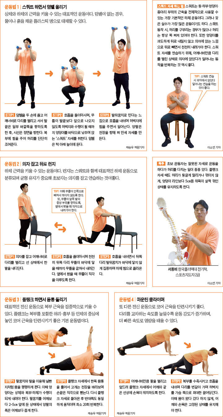 운동복을 입은 남성이 덤벨 스쿼트, 의자 잡고 런지, 플랭크, 마운틴 클라이머 등 상체와 하체 근력 및 코어 근육을 강화하는 네 가지 홈트레이닝 운동 동작을 단계별로 시범 보이고 있다. 각 운동의 자세 설명과 주의사항이 함께 적혀 있다.