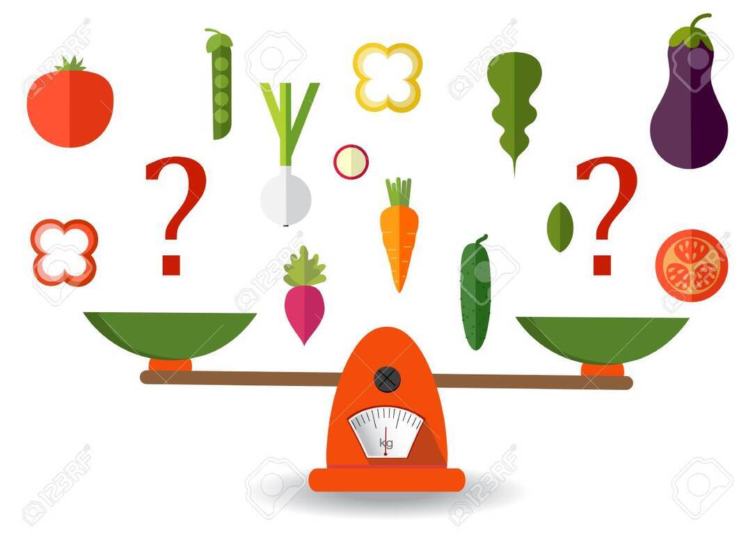 여러 가지 야채와 물음표가 저울 위에 올려져 있는 그림