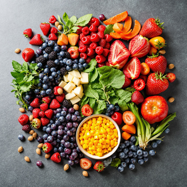 다양한 신선한 베리류, 사과, 허브, 견과류, 깍둑썰기 치즈와 망고가 담긴 그릇이 회색 배경 위에 예쁘게 배열되어 있다.