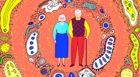 노부부가 손을 잡고 서 있고, 주변에는 다양한 미생물과 세균이 만화 스타일로 그려져 있다.