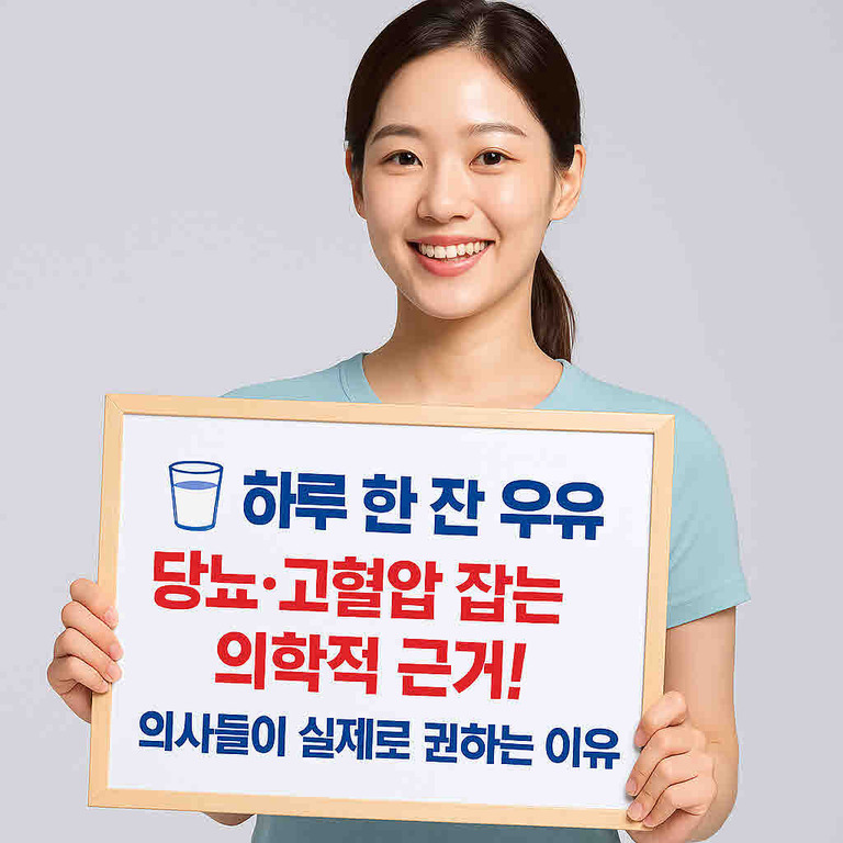 여성이 미소를 지으며 '하루 한 잔 우유, 당뇨·고혈압 잡는 의학적 근거! 의사들이 실제로 권하는 이유'라는 문구가 적힌 팻말을 들고 있다.