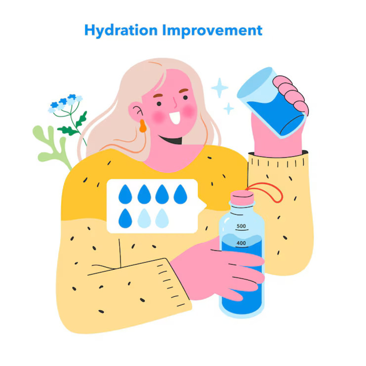 여성이 파란색 물병과 컵을 들고 있으며, 가슴 부분에 여러 개의 물방울 아이콘이 표시되어 있고 'Hydration Improvement'라는 문구가 위에 있음.