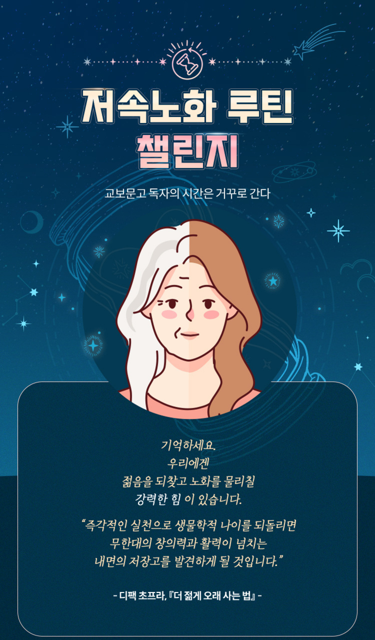 밤하늘을 배경으로 '저속노화 루틴 챌린지'라는 제목과 함께, 반은 젊고 반은 나이 든 여성의 얼굴 일러스트가 중앙에 있다. 아래에는 노화를 물리치고 젊음을 되찾자는 메시지가 적혀 있다.