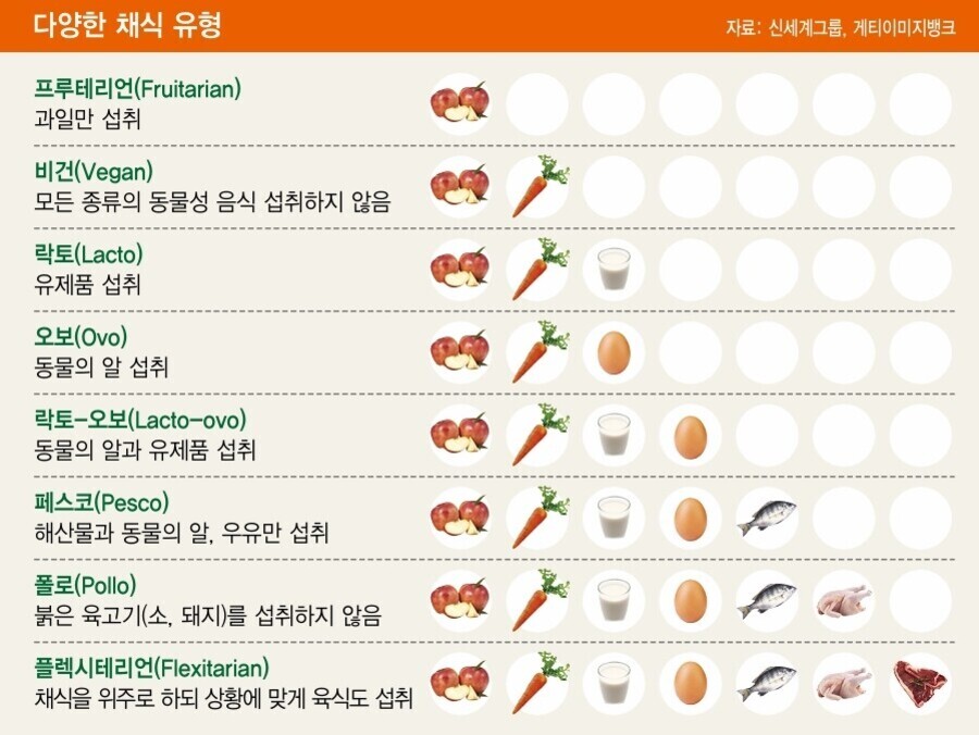 다양한 채식 유형을 프루테리언, 비건, 락토, 오보, 락토-오보, 페스코, 폴로, 플렉시테리언으로 분류하여 각 식단에서 섭취 가능한 음식(과일, 채소, 유제품, 달걀, 생선 등)을 아이콘으로 표로 정리한 이미지