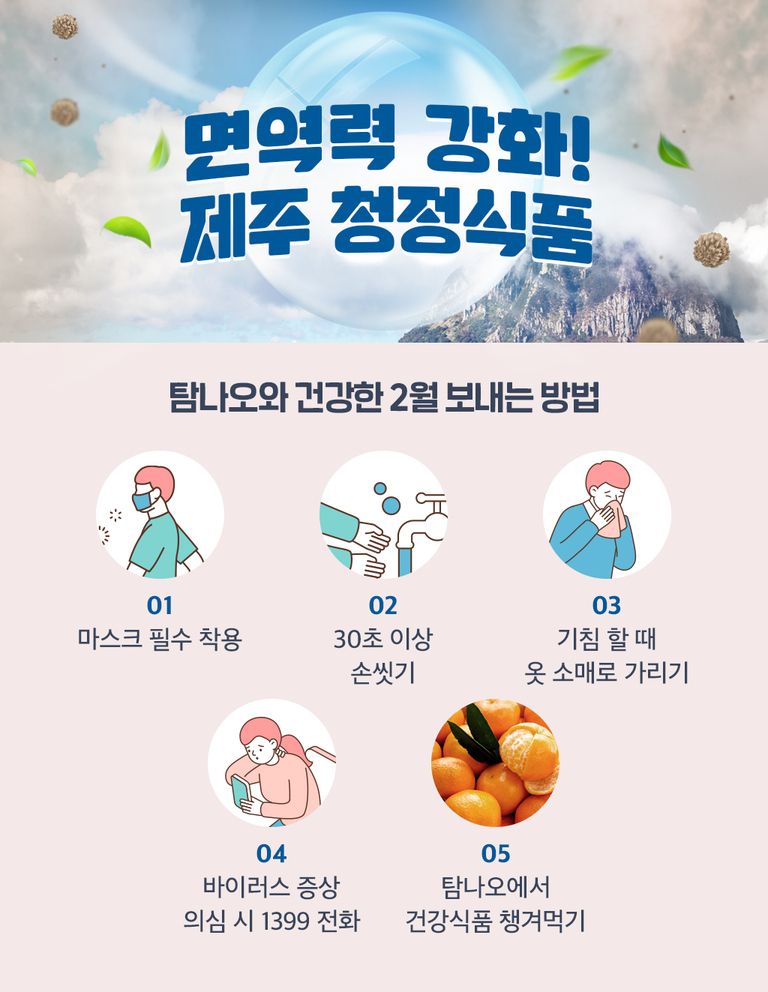 면역력 강화와 제주 청정식품을 강조하는 이미지. 하단에는 2월 건강 수칙으로 마스크 착용, 손씻기, 기침 시 옷 소매로 가리기, 바이러스 증상 시 1399 전화, 탐나오에서 건강식품 챙겨먹기가 일러스트와 함께 안내되어 있다.