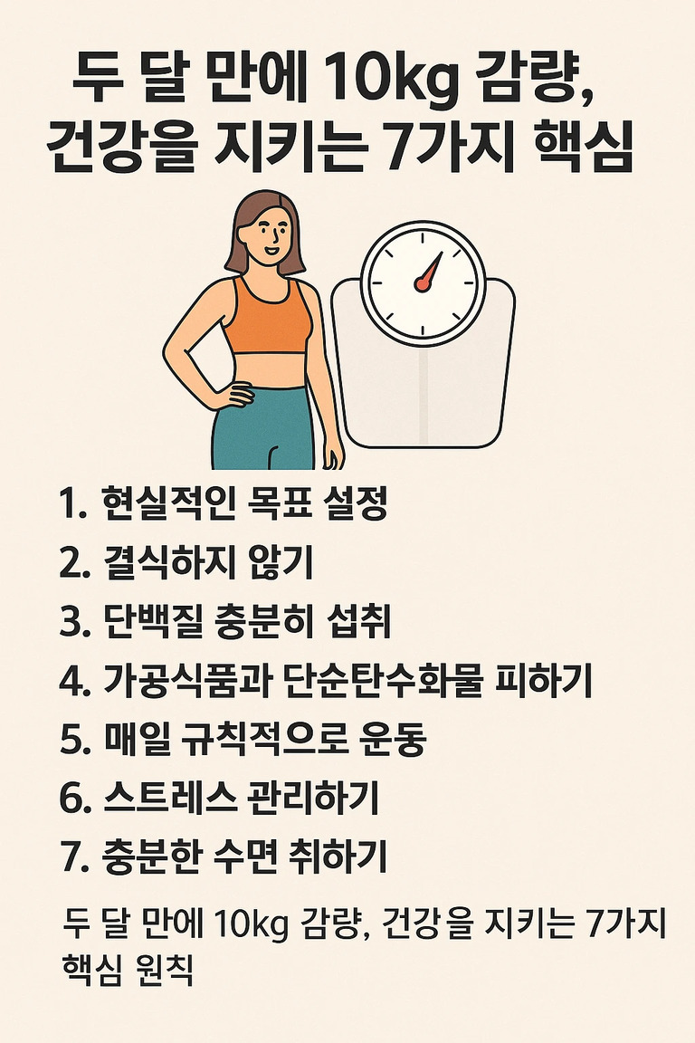 두 달 만에 10kg 감량, 건강을 지키는 7가지 핵심: 1. 현실적인 목표 설정, 2. 결식하지 않기, 3. 단백질 충분히 섭취, 4. 가공식품과 단순탄수화물 피하기, 5. 매일 규칙적으로 운동, 6. 스트레스 관리하기, 7. 충분한 수면 취하기라는 문구와 여성 일러스트 및 체중계 그림이 있는 이미지