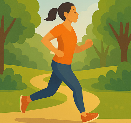 공원 산책로에서 운동복을 입고 조깅하는 여성의 일러스트