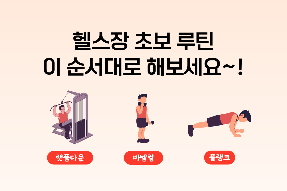 헬스장 초보 루틴을 순서대로 소개하는 이미지. 랫풀다운, 바벨컬, 플랭크 운동이 그림과 함께 나열되어 있다.