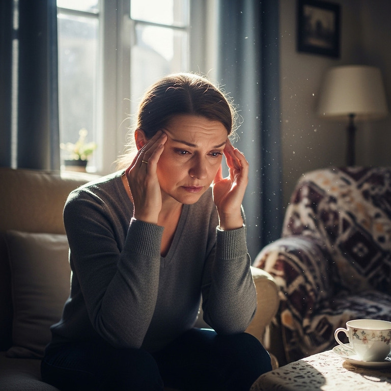 거실 소파에 앉아 두 손으로 머리를 짚고 고민하는 표정의 여성, 옆 테이블에는 찻잔이 놓여 있다.
