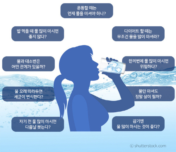 물과 건강에 관한 다양한 질문이 적힌 말풍선들이 배치되어 있고, 가운데에는 물을 마시는 여성의 실루엣 일러스트가 있는 이미지