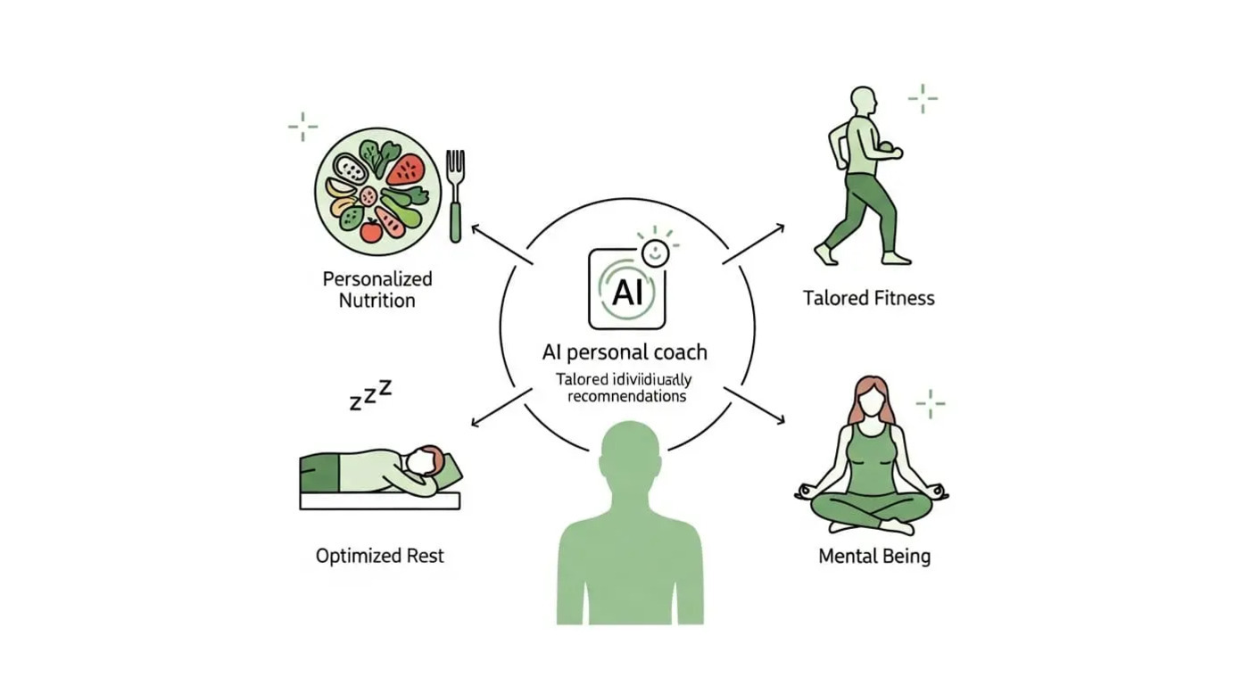 AI 개인 코치가 맞춤형 영양, 맞춤형 피트니스, 최적화된 휴식, 정신 건강을 위한 개별 추천을 제공하는 다이어그램
