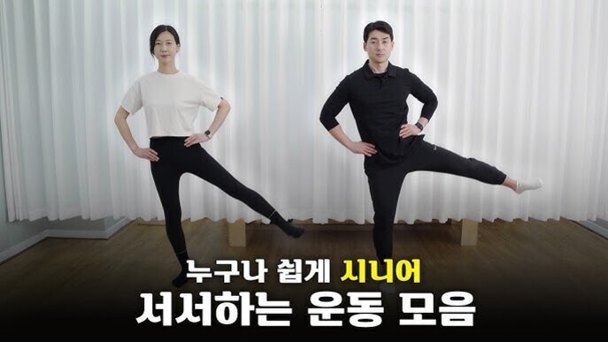 두 사람이 밝은 실내에서 옆으로 다리를 들어 올리는 운동을 하고 있으며, 화면 하단에는 '누구나 쉽게 시니어 서서하는 운동 모음'이라는 문구가 있다.