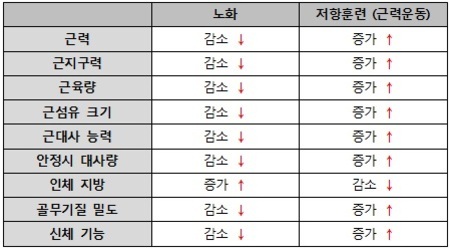 근력, 근지구력, 근육량, 근섬유 크기, 근대사 능력, 안정시 대사량, 인체 지방, 골무기질 밀도, 신체 기능 등 항목에 대해 노화와 저항훈련(근력운동)의 영향 비교 표. 노화는 대부분 감소하거나 증가(인체 지방)하며 저항훈련은 대부분 증가하거나 감소(인체 지방)함을 보여줌.