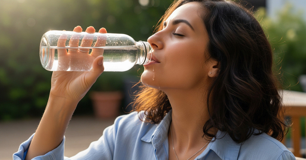 여성이 야외에서 투명한 물병으로 물을 마시는 모습