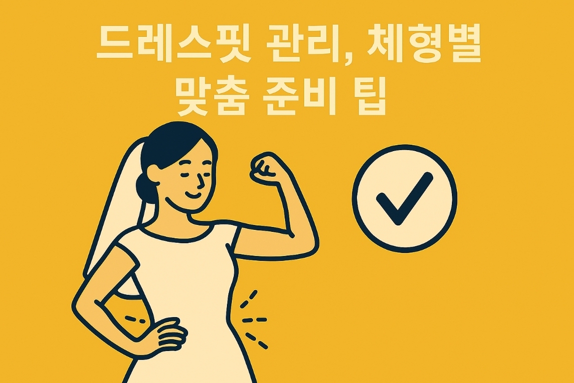 노란 배경에 '드레스핏 관리, 체형별 맞춤 준비 팁'이라는 글자가 있고, 웨딩드레스를 입은 여성이 팔근육을 자랑하는 일러스트와 체크표시 아이콘이 있다.