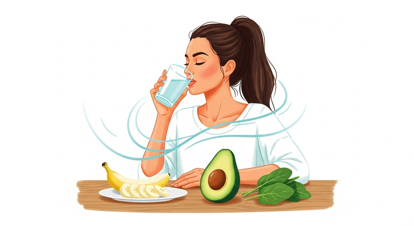 여성이 물을 마시고 있으며, 앞에는 바나나, 아보카도, 시금치가 놓여 있다.