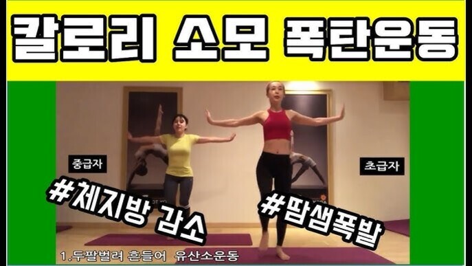 운동복을 입은 두 여성이 실내에서 팔을 벌리고 운동 동작을 하고 있으며, 상단에는 '칼로리 소모 폭탄운동'이라는 문구가 있고 각자 '중급자', '초급자'라는 표시와 함께 '#체지방 감소', '#땀샘폭발' 해시태그가 있다.