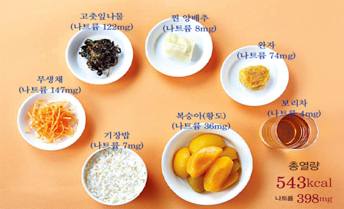 여러 가지 반찬(고춧잎나물, 찐 양배추, 완자, 무생채, 복숭아 통조림)와 밥, 보리차가 작은 접시에 담겨 있고 각 음식의 나트륨 함량이 표시되어 있다. 총 열량은 543kcal이며 나트륨 합계는 398mg이다.