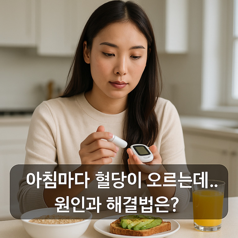 주방에서 혈당 측정기를 사용하는 젊은 여성이 아침 식사와 함께 앉아 있으며, 화면 하단에 '아침마다 혈당이 오르는데.. 원인과 해결법은?'이라는 문구가 있다.