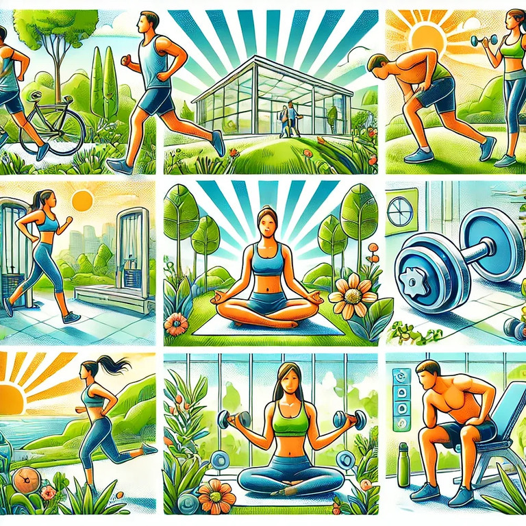 여러 명의 남녀가 다양한 야외와 실내 환경에서 조깅, 요가, 웨이트 트레이닝 등 건강한 운동을 하는 모습을 그린 일러스트 이미지