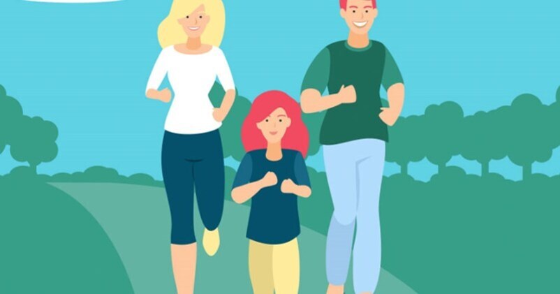 세 명의 사람이 공원에서 함께 달리고 있는 일러스트입니다. 두 명의 어른과 한 명의 아이가 자연 속에서 운동하고 있습니다.