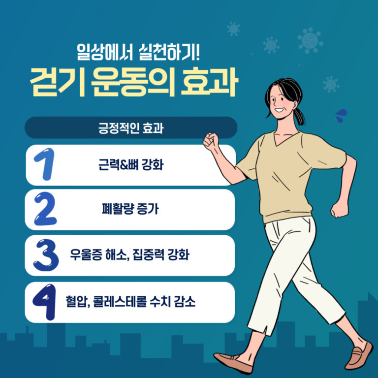 걷기 운동의 효과를 소개하는 이미지로, 걷는 여성 일러스트와 함께 근력 및 뼈 강화, 폐활량 증가, 우울증 해소 및 집중력 강화, 혈압과 콜레스테롤 수치 감소 등 긍정적인 효과 4가지가 적혀 있다.