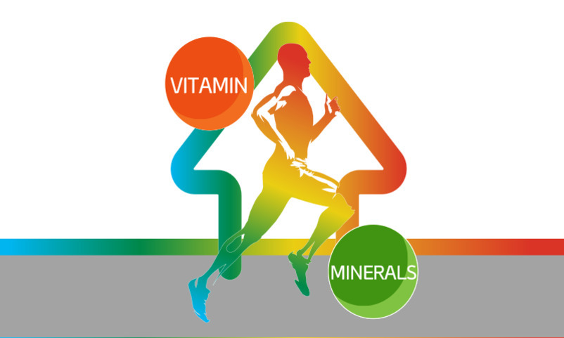 무지개 색상의 실루엣 러너가 달리는 이미지로, 왼쪽에는 'VITAMIN', 오른쪽 아래에는 'MINERALS'라는 원형 아이콘이 있다.